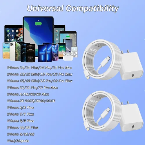 Vista 11 de Cargador rápido para iPhone, [certificado Apple MFi] Paquete de 2 cargadores de pared PD USB C con cargador de pared USB C extra largo de 10 pies a