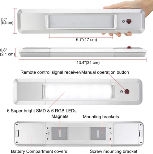 Vista 6 de HONWELL Barra de luz que cambia de color, luz de armario alimentada por batería, iluminación debajo del gabinete, luz debajo del mostrador, luz