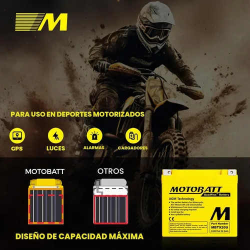 Vista 5 de MotoBatt MBTX20U (12V 21 Amp) 280CCA Batería activada de fábrica, no necesita mantenimiento, QuadFlex AGM