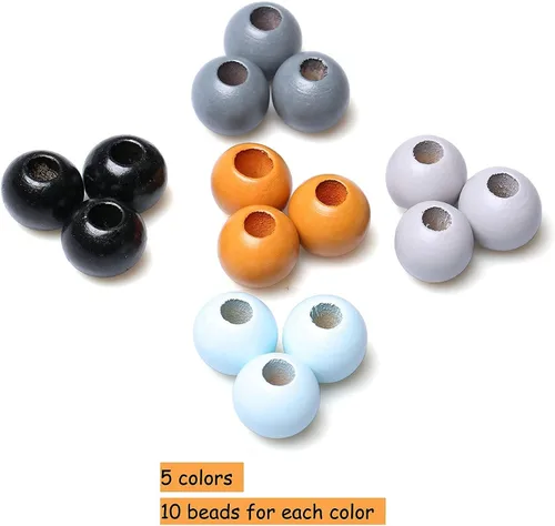 Vista 3 de woodeni - 50 piezas de cuentas de madera para macramé para guirnaldas, decoración para colgar en la pared, 20 mm, colores negro, café, azul claro