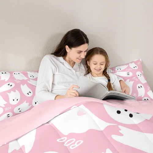 Vista 3 de Castle Fairy Happy Halloween - Juego de edredón para niños, tamaño Queen, juego de ropa de cama con diseño de fantasmas de dibujos animados rosa