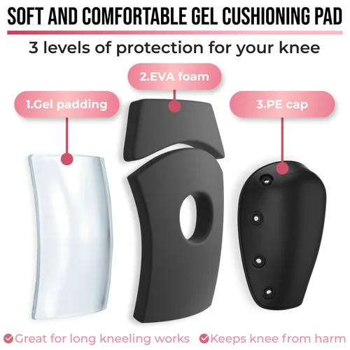 Vista 5 de PRO - Rodilleras estilo constructor para mujer con 3 niveles de protección, rosa, 1 par, tapa de plástico de soporte plano y cierres ajustables