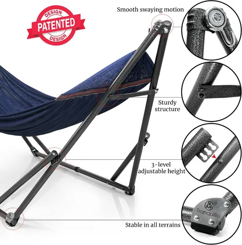 Vista 4 de Tranquillo Hamaca doble universal con soporte incluido para 2 personas/soporte plegable para hamaca de 600 libras de capacidad, estuche portátil 1.