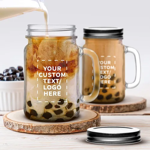 Vista 7 de DISCOUNT PROMOS Tarros de masón con mango Libbey personalizado con tapa de 16 onzas, juego de 10, paquete personalizado a granel