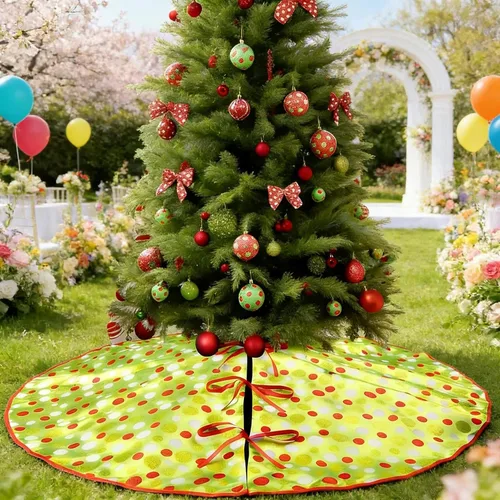 Vista 10 de Yuboo 24" Falda de árbol de Navidad de puntos rojos y verdes - Falda de árbol de mesa pequeña con volantes, tapete de árbol de Navidad mini