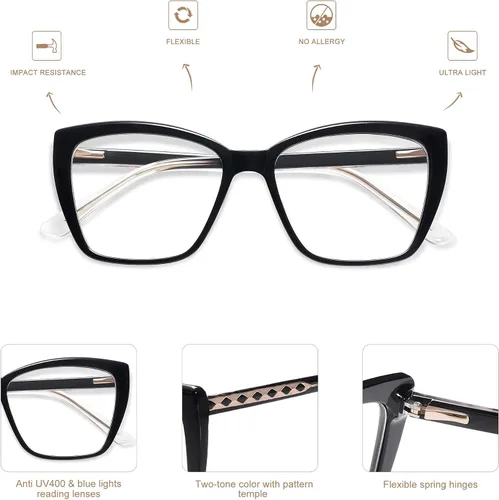 Vista 5 de AMOMOMA Trendy TR90 Gafas de Lectura Grandes con Filtro de Luz Azul para Mujeres, Elegantes Gafas Cuadradas Tipo Ojo de Gato AM6031