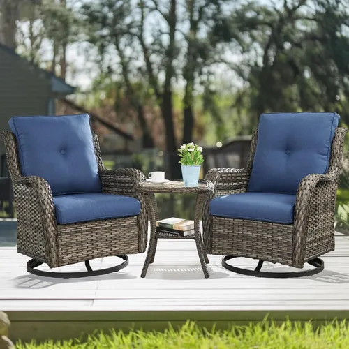 Vista 65 de HUMMUH Juego de 2 Sillas Giratorias Mecedoras de Mimbre para Patio Exterior, Juego de Muebles de Sillas Mecedoras de Ratán (Marrón, Azul) 50,000