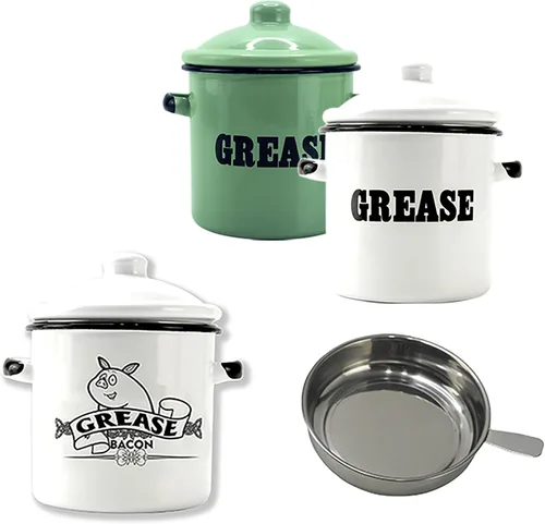 Vista 2 de Roadmap Recipiente de grasa de tocino esmaltado blanco de 1.5 L con colador, recipiente de grasa con patrón de letras, protector de grasa de tocino
