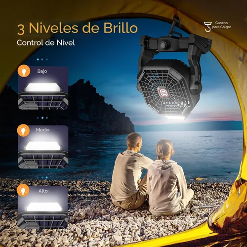 Vista 5 de JINLICTE Ventilador solar de 10400 mAh con linterna LED, ventilador de campamento con panel solar, 7 W recargable alimentado por energía solar