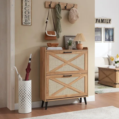 Vista 11 de Barnyatoh - Gabinete de almacenamiento de zapatos estilo granja, organizador de zapatos con 2 cajones abatibles y diseño de puerta de granero