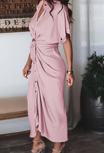 Vista 6 de Linsery - Vestido largo camisero de manga corta con botones y cinturón para mujer elegante de satén