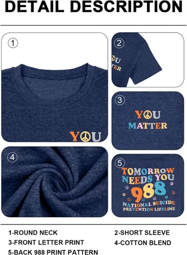 Vista 5 de FASHGL Mental Health Matters - Camiseta para mujer 988 para prevención del suicidio, camiseta divertida para terapeuta y psicólogo