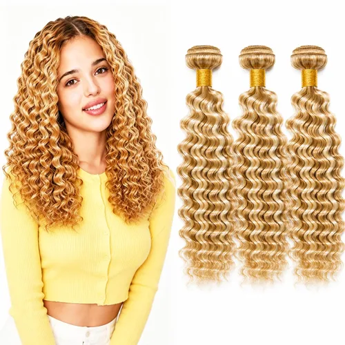 Vista 75 de P4613 Cabello humano rizado onda profunda marrón y paquetes mixtos 8 10 12 P4613 Ombre Marrón-Rubio-DP