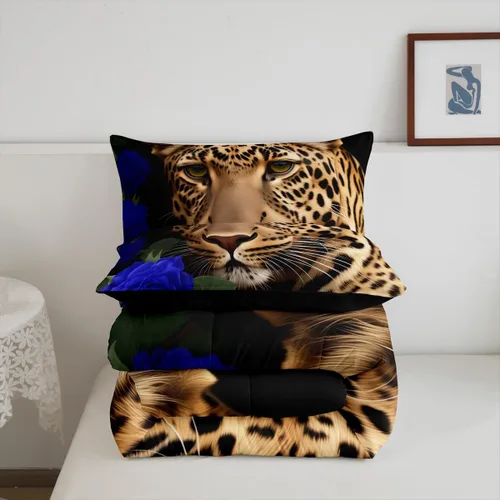 Vista 5 de Erosebridal Juego de ropa de cama de guepardo con rosa azul, juego de edredón con estampado de leopardo y gato, edredón romántico de plumón