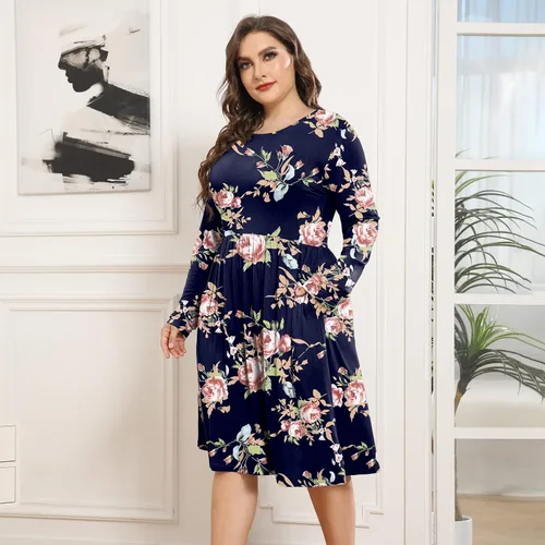 Vista 4 de POSESHE Vestidos de talla grande para mujer, manga larga, cuello redondo, vestidos casuales de cintura imperio, vestido suelto con bolsillos
