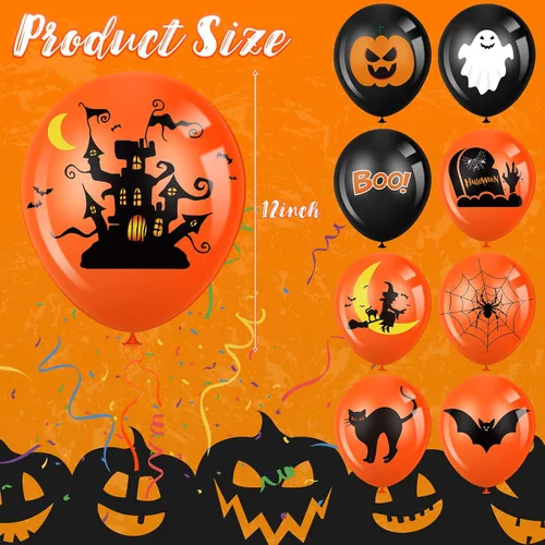 Vista 2 de Aoriher 45 globos de fiesta de Halloween, globos de látex negro naranja feliz Halloween impresos con calabaza, fantasma, murciélago, telaraña, bruja