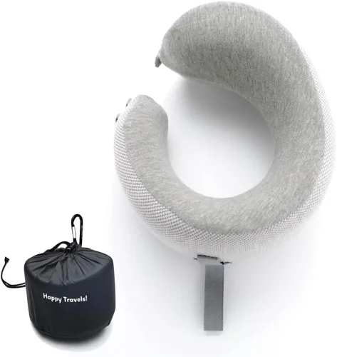 Vista 24 de C CUSHION LAB Almohada de viaje, galardonado diseño ergonómico patentado para mentón y cuello, almohada de espuma viscoelástica para el cuello Azul