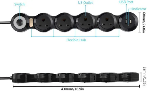Vista 5 de CORATED Protector de sobretensiones flexible con 2 puertos USB y 4 tomacorrientes para el hogar, la oficina y los viajes
