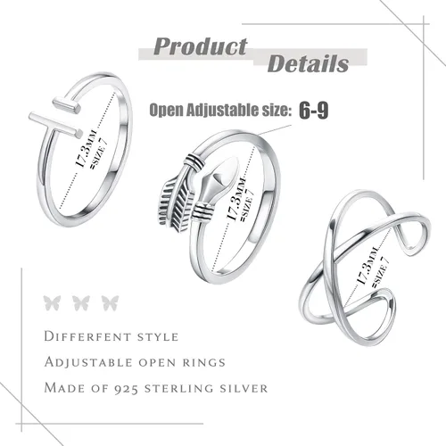 Vista 2 de Fiasaso Juego de 3 anillos apilables de plata de ley 925 abiertos y ajustables para mujeres y hombres minimalistas en X con flechas cruzadas
