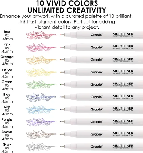 Vista 2 de Grabie Bolígrafos Micro Fineliner, 10 bolígrafos de dibujo impermeables 10-Multicolor