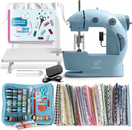 Vista 10 de CraftBud Mini máquina de coser para principiantes, máquina de coser portátil de doble velocidad para niños y adultos con mesa de extensión, juego