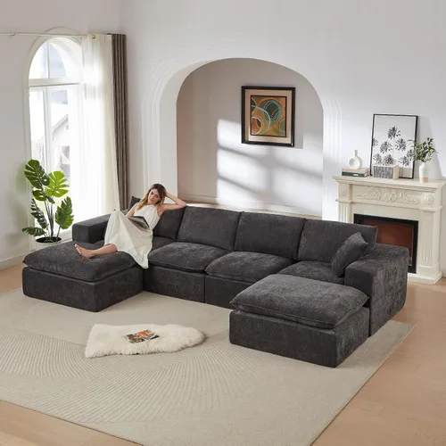 Vista 19 de Cloud - Sofá modular modular - Cómodo sofá de felpilla en forma de L para sala de estar (negro, en forma de L, 2 plazas + 1 otomana)