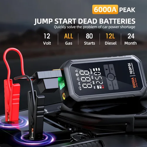 Vista 2 de Iniciador de 10 en 1 con compresor de aire 6000A 26800mAh 160PSI Iniciador de batería de coche portátil (todo gas/12L diésel), caja de arranque