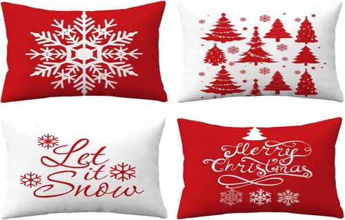 Vista 30 de Juego de 4 fundas de almohada de Navidad de 12 x 12 pulgadas, fundas de almohada de terciopelo de Navidad, fundas de almohada doradas y rojas