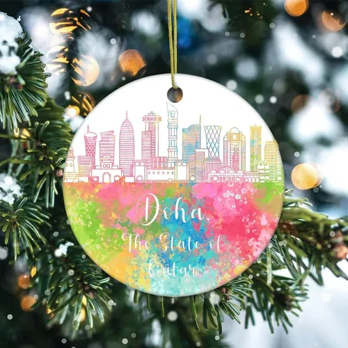 Vista 2 de Adorno navideño de cerámica impreso en dos caras del estado de Qatar-Doha, novedad para familiares, amigos, niños, pintura colorida de la ciudad