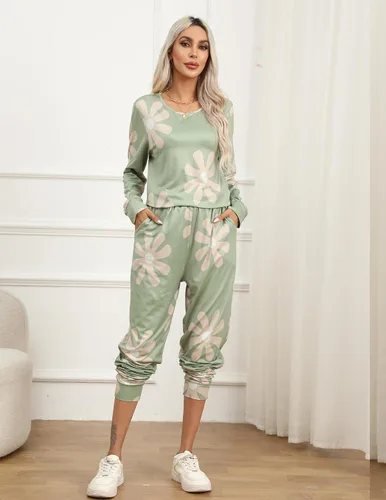 Vista 4 de Eyoupeer Conjunto de pijama de manga larga para mujer, ropa de dormir suave, conjuntos de descanso con bolsillos