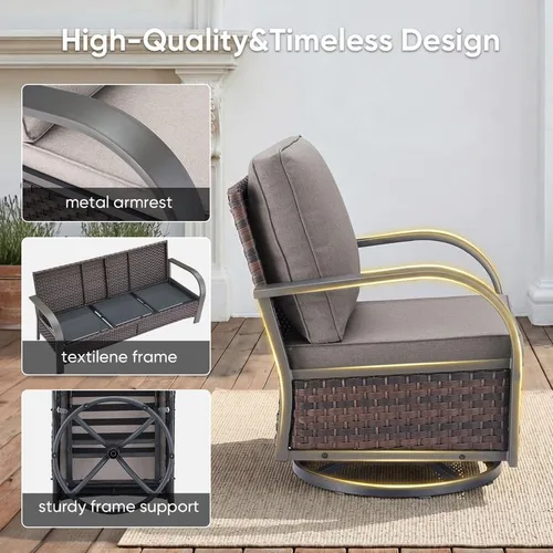 Vista 6 de Rilyson 3 Seat Outdoor Wicker Couch, Rattan Patio Sofa with Grey Cushions Brown/Grey