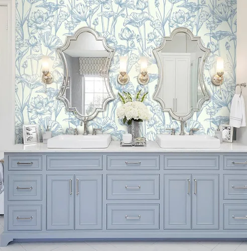Vista 3 de Vinjiasin Papel tapiz autoadhesivo para despegar y pegar, papel de contacto floral azul moderno, papel de pared de loto para baño, dormitorio