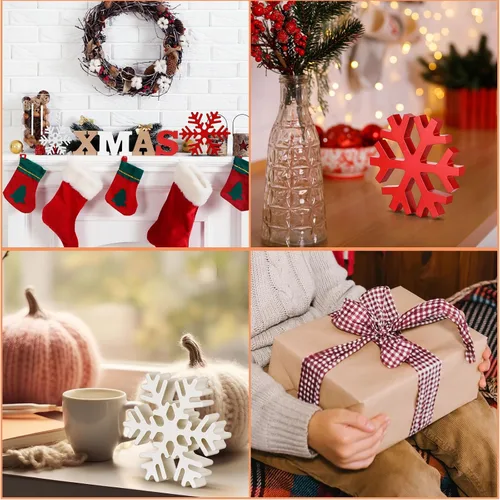 Vista 4 de Blulu 4 piezas de copos de nieve de madera de invierno, decoraciones de mesa, letreros de copos de nieve de Navidad, letrero de mesa de pie