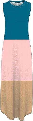 Vista 4 de NATHGAM Vestidos de verano para mujer, vestido largo sin mangas, cómodo, de algodón, estampado de moda, vestido de playa para mujer