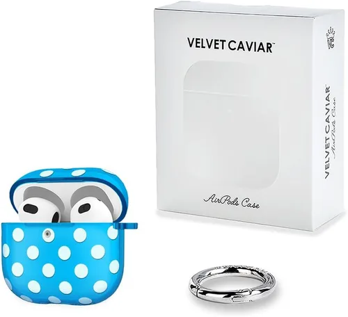 Vista 5 de VELVET CAVIAR Funda compatible con AirPods 4 con llavero, bonitas fundas protectoras duras de 4ª generación para mujer, diseño de lunares azules
