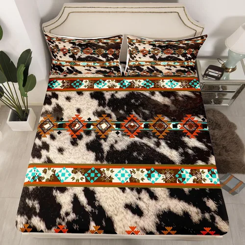 Vista 65 de Juego de ropa de cama de estilo bohemio occidental, tamaño individual, diseño de vaca atrapasueños, sábana bajera ajustable del suroeste, tribu
