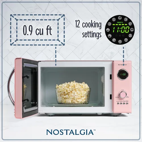 Vista 122 de Nostalgia Horno microondas retro compacto para encimera, 0.7 pies cúbicos, 700 vatios con pantalla digital LED, bloqueo para niños, interior fácil