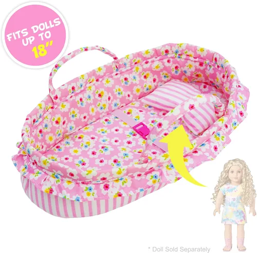 Vista 6 de June Garden Moisés y portabebés para muñecas de 18 pulgadas, color rosa Blanco crema (con almohada y hebilla)