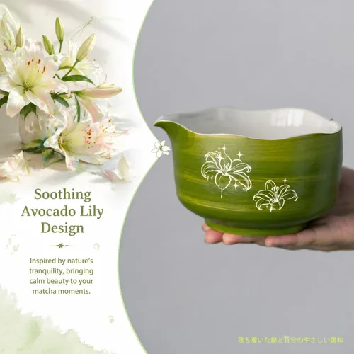 Vista 4 de Buucup Juego de matcha, 5 piezas de aguacate verde matcha con cuenco en forma de corazón con boquilla, batidor de bambú, cuchara, tamiz y soporte