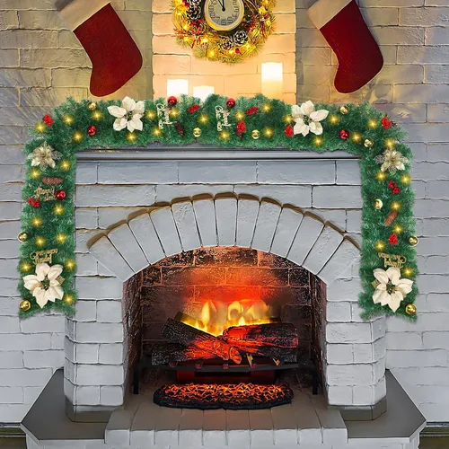 Vista 7 de JUNEBRUSHS Guirnalda de Navidad de 9 pies con luces, guirnalda decorativa con 50 luces LED, funciona con pilas, ratán verde artificial preiluminado