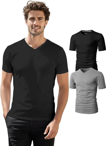 Vista 39 de H2H Camisetas para hombre - Pack de varias unidades, diseño simple, manga corta, ajuste delgado, mezcla de algodón (cuello en V/cuello redondo)