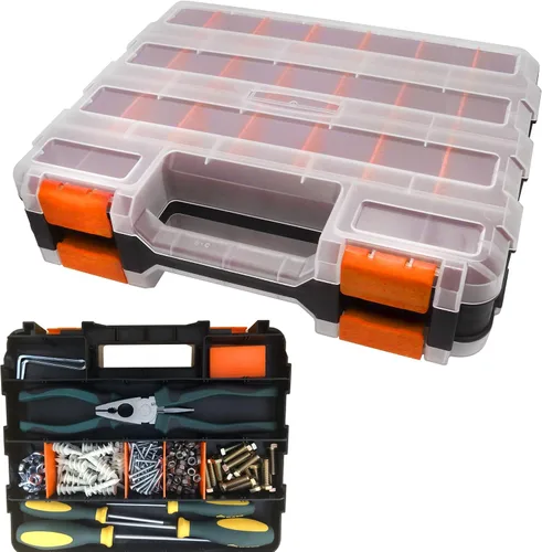 Vista 8 de Caja organizadora de herramientas, caja de almacenamiento de piezas pequeñas, 50 compartimentos, organizadores de hardware de doble cara
