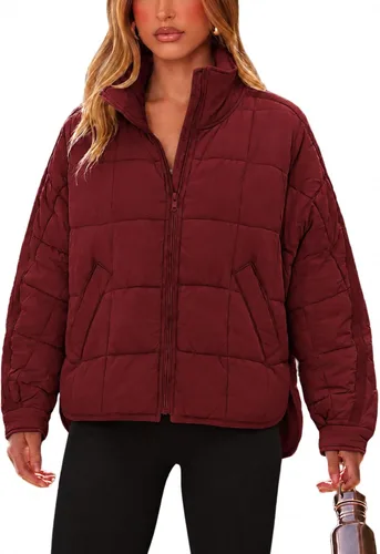 Vista 12 de Omoone Chaqueta acolchada con cremallera para mujer, ligera y acolchonada, con capucha, de gran tamaño Verde militar