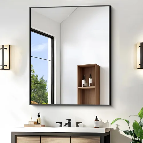 Vista 28 de KOCUUY Espejo de baño negro, espejo rectangular de 24 x 18 pulgadas para sobre el fregadero, espejo de pared decorativo moderno para dormitorio