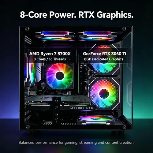 Vista 3 de PC para juegos preconstruida, RTX 3060 Ti 8GB, AMD Ryzen 7 5700X, 16 GB