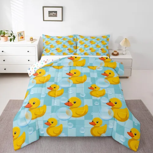 Vista 43 de Erosebridal Juego de ropa de cama a cuadros azul para niños, juego de cama individual con diseño de patos amarillos de dibujos animados, juego