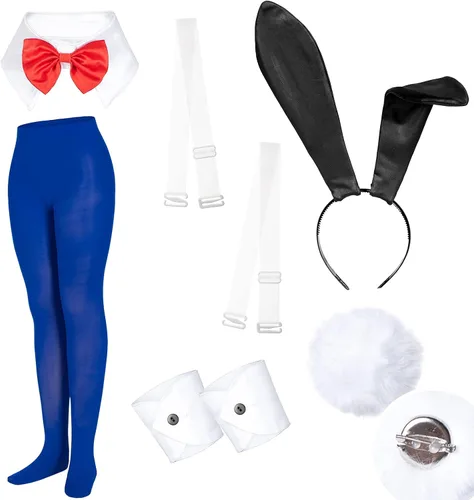 Vista 5 de Conjunto de traje de disfraz de conejito para mujer, una sola pieza, con accesorios, Negro + rojo, L