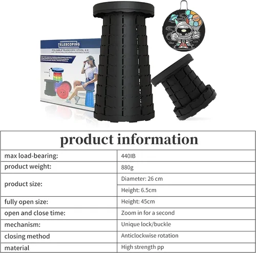 Vista 9 de ALEVMOOM Taburete plegable portátil mejorado con cojín, taburete telescópico retráctil para adultos, capacidad resistente, 440 libras, silla