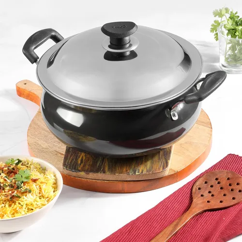 Vista 2 de Vinod Handi anodizado duro – Tapa de acero inoxidable – Tamaño pequeño – 3.8 litros (4 cuartos de galón) – Adecuado para Biryani, Pulao, Salsas