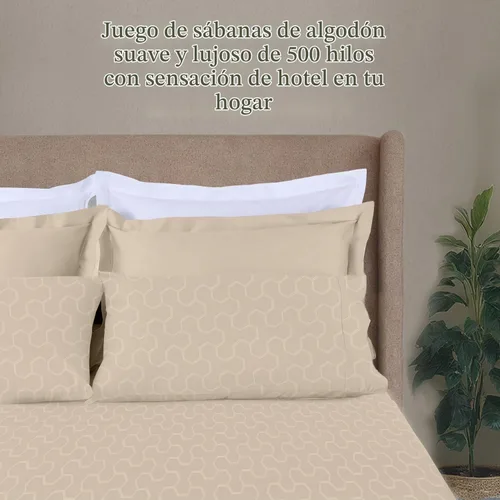 Vista 2 de Threadmill Sábanas 100% algodón para cama tamaño King, satén de damasco Floria Beige Claro